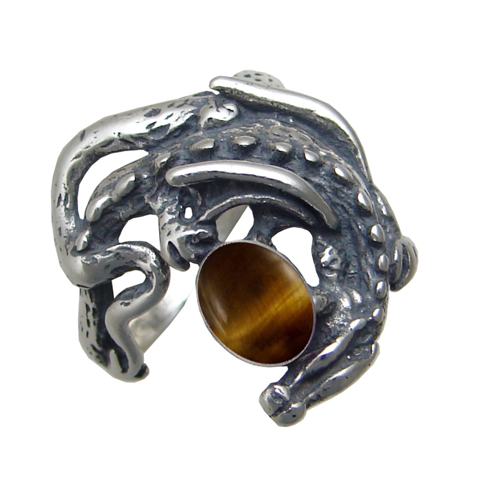 Sterling Silver Dragon of Protection Ring With Tiger Eye Size 6